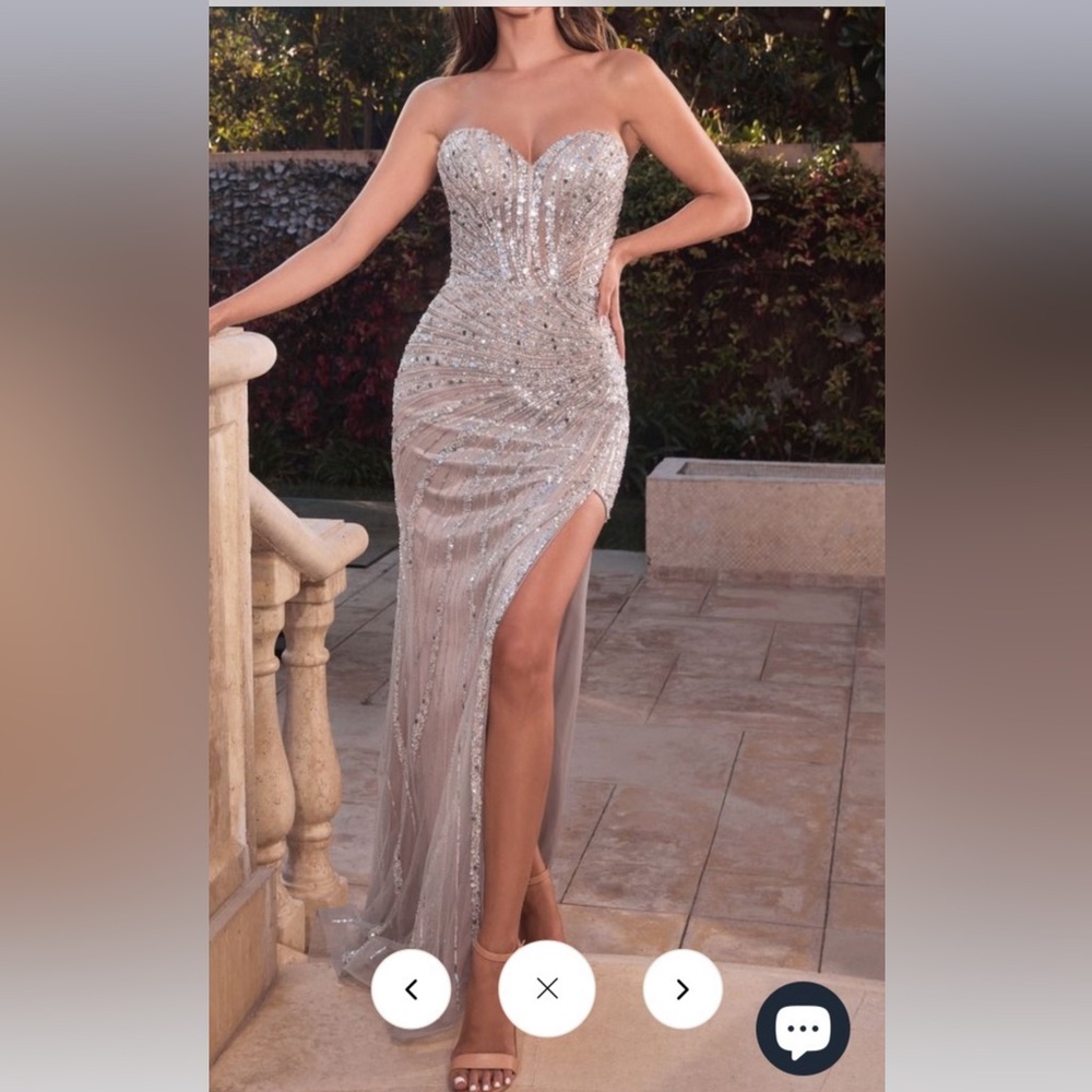 Silver Strapless Sequin Gown with High Slit